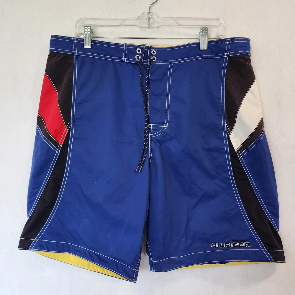 Tommy Hilfiger Mens Colorblock‎ Swim Trunks L Board Shorts Mesh Lining Blue Red